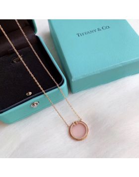 Imitation Tiffany T Ladies Diamond Pink Opal Circle Pendant Necklace 18k Rose Gold Street Fashion 64027115