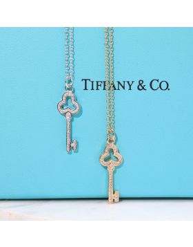 Replica Tiffany Keys Collection Gold/Platinum Full Diamond Open Trefoil Key Pendant Necklace For Female 62866810/62866918